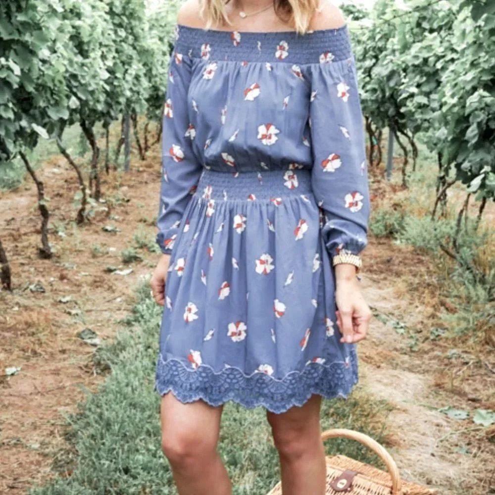 Abercrombie & Fitch Blue White FloralβSmocked Off Shoulder Tie Sleeve Mini Dress